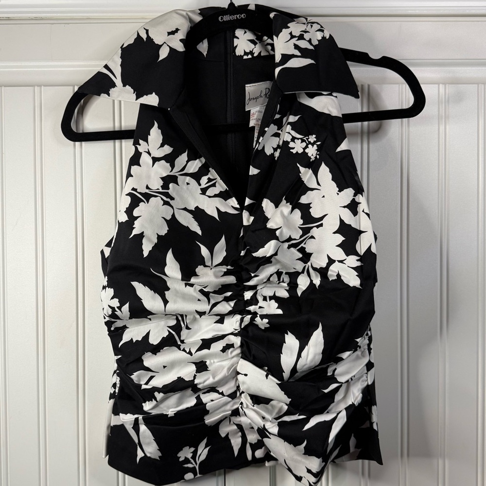 Joseph Ribkoff Black & White Floral Ruched Sleeveless Blouse